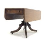 George III mahogany supper table, rounded rectangular drop leaf top with drawer to each end, on turn