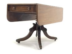 George III mahogany supper table, rounded rectangular drop leaf top with drawer to each end, on turn