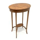 Edwardian satinwood lamp table with oval top, square tapering out splayed supports with ebony string