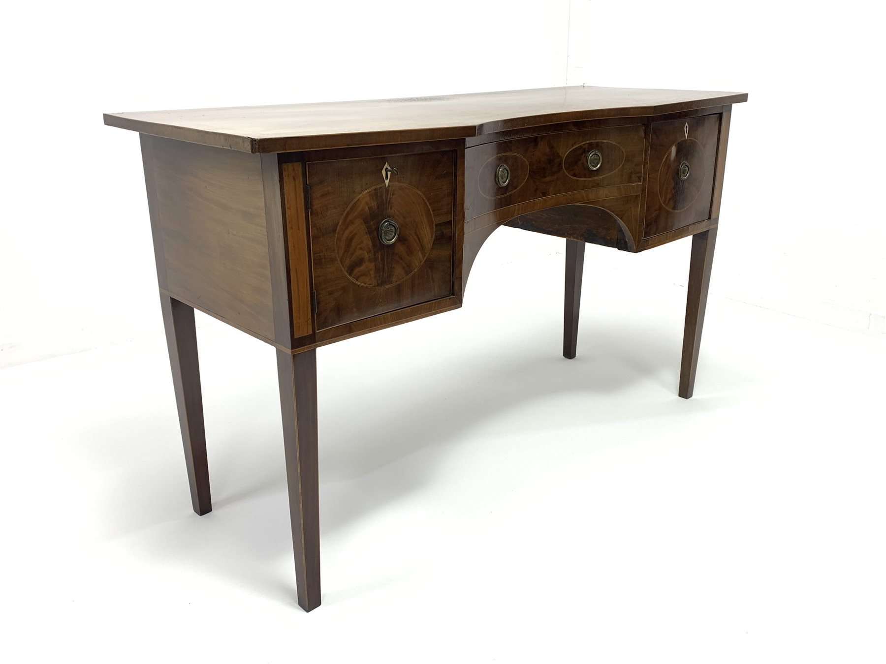 George III mahogany sideboard, rectangular top with break reverse bow front centre and drawer, two c - Image 2 of 5