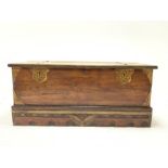 20th century oak coffer, studded hinged lid revealing interior fitted with candle box, wrought iron