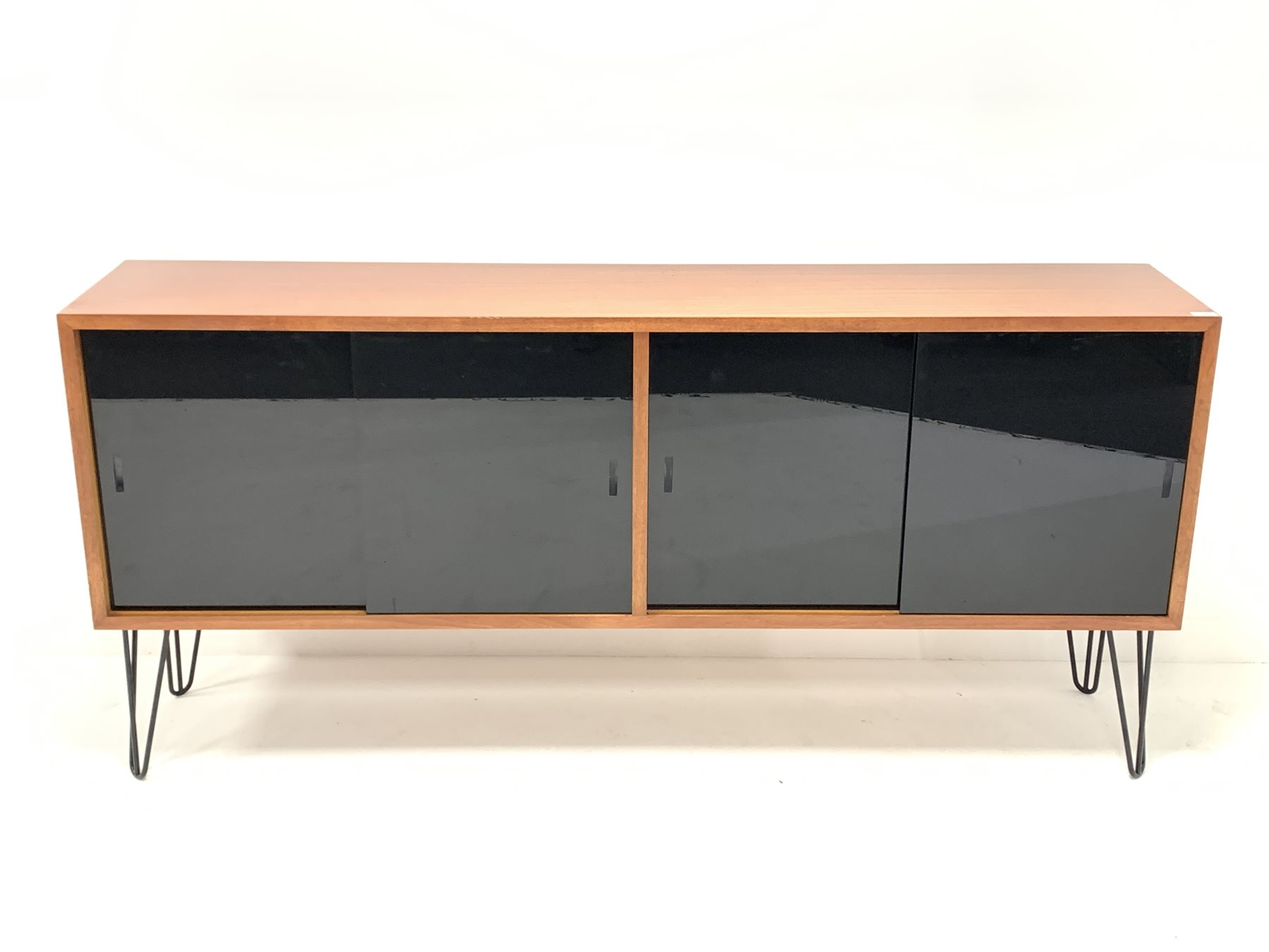 Mid century teak sideboard, fitted with four black lacquered glazed sliding doors enclosing adjustab - Image 2 of 5