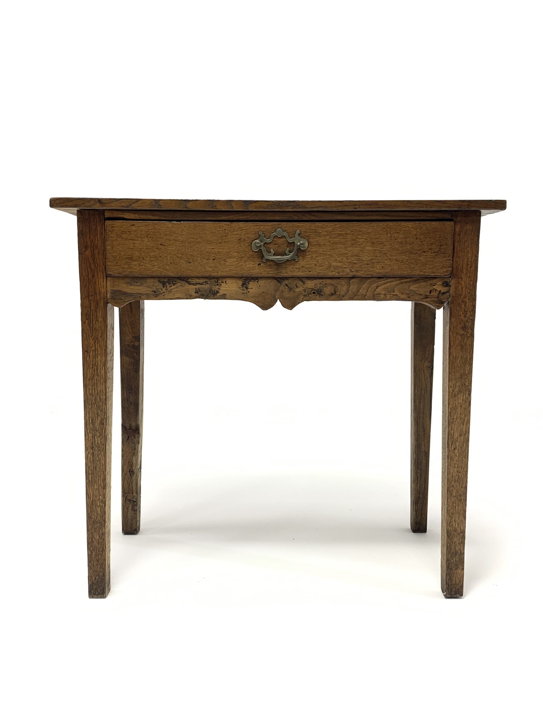 18th century oak side table, rectangular top over single drawer and shaped apron, square supports, W - Image 2 of 3