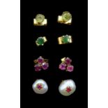 Four pairs of 9ct gold stud earrings including pearl and ruby