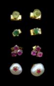 Four pairs of 9ct gold stud earrings including pearl and ruby