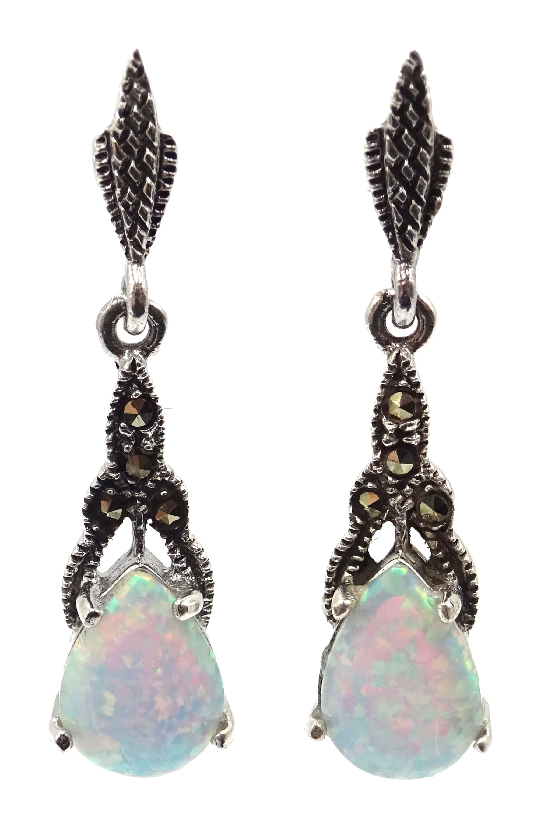 Pair of silver opal and marcasite pendant earrings