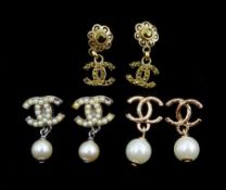 Three pairs of Chanel 'CC' pendant stud earrings