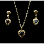 Gold sapphire heart pedant necklace and matching earrings