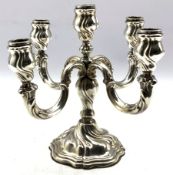 Silver five light candelabrum of scroll design on a dished circular foot H23cm marked 'Sterling 925'