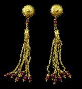 Pair of Greek 18ct gold garnet bead tassel pedant earrings