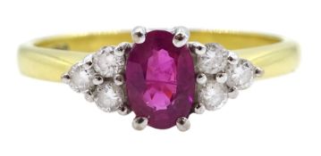 18ct gold oval ruby and six stone diamond ring