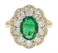 18ct gold oval emerald and diamond cluster ring