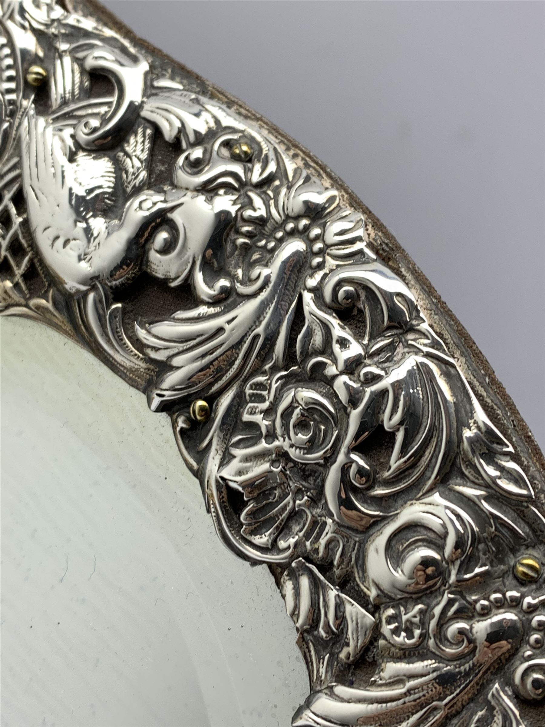 Edwardian silver heart shape dressing table mirror with embossed bird and scroll decoration - Image 2 of 2