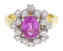 18ct gold oval pink sapphire and diamond cluster ring