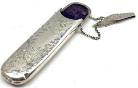 Victorian silver spectacle case with engraved decoration and on belt clip Birmingham 1887