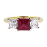 18ct gold three stone ruby and princess cut diamond ring