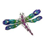 Silver plique-a-jour and ruby dragonfly brooch