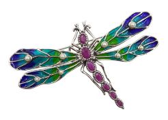 Silver plique-a-jour and ruby dragonfly brooch