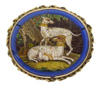 19th century gold mounted micro mosaic brooch depicting pair of dogs with puppies by a tree