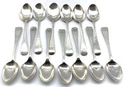 Set of eight Victorian silver Old English pattern tea spoons engraved with initials London 1889 Make