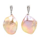 Pair of 9ct white gold diamond and pink/peach baroque pearl pendant earrings