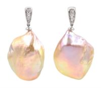 Pair of 9ct white gold diamond and pink/peach baroque pearl pendant earrings