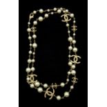 Chanel gilt faux pearl and 'CC' long necklace