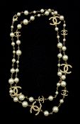 Chanel gilt faux pearl and 'CC' long necklace