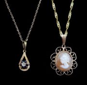 Gold sapphire and diamond chip pendant necklace and a gold cameo pendant necklace