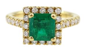 18ct gold square cut emerald and round brilliant cut diamond cluster ring