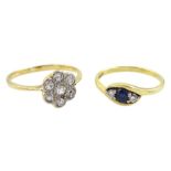 Early 20th century 18ct gold old cut diamond flower head cluster ring and an 18ct gold sapphire and