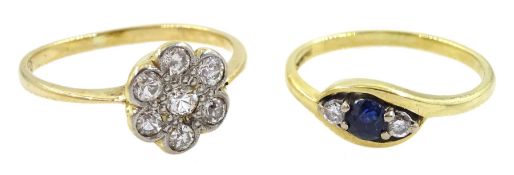 Early 20th century 18ct gold old cut diamond flower head cluster ring and an 18ct gold sapphire and