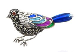 Silver plique-a-jour and marcasite bird brooch