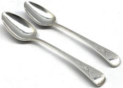 Pair George III silver dessert spoons with engraved stems and initialled 'G' marks rubbed but possib