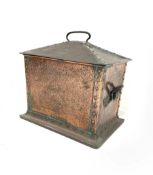 Arts & Crafts beaten copper coal box and cover, rectangular form with pitched and riveted top and ap