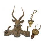 Brass fox head door stop H40cm, iron deer head wall rack W51cm, brass stag head pen rack on circular
