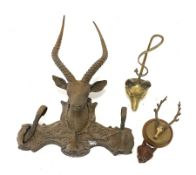 Brass fox head door stop H40cm, iron deer head wall rack W51cm, brass stag head pen rack on circular