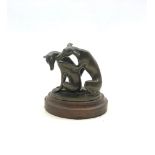 Patinated bronze sculpture of two Whippets on oval base, mounted on stepped plinth, H9cm