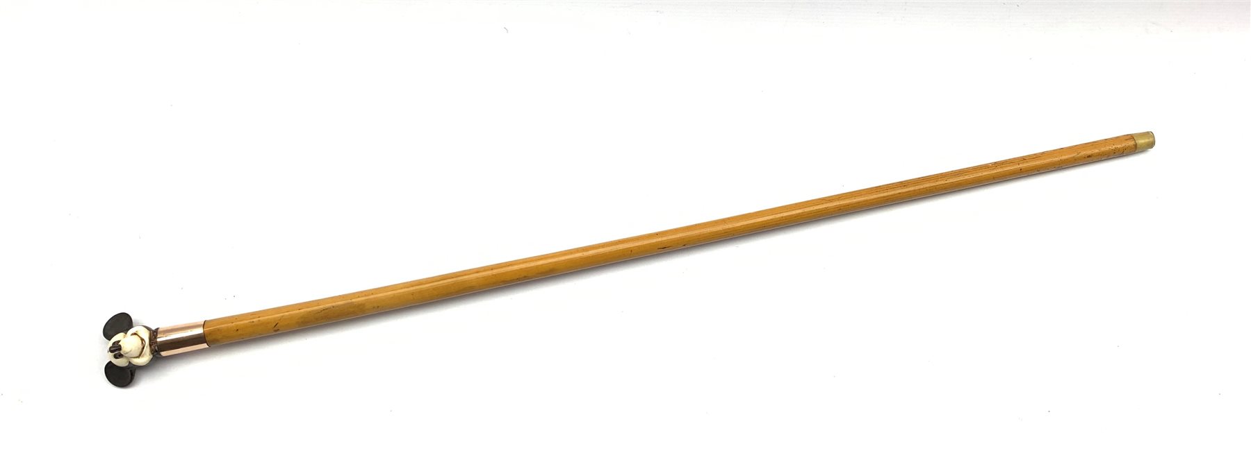 19th/ early 20th century Malacca walking cane, 9ct rose gold collar with a carved ivory and ebony fi - Image 2 of 8