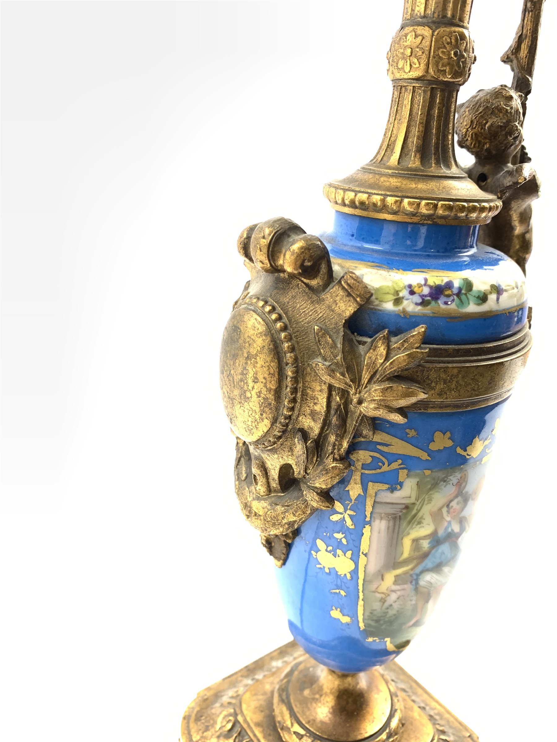 Continental Porcelain table lamp in the form of a ewer decorated with figure panel on a blue ground - Image 4 of 5