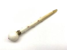 19th century carved ivory parasol handle in the form of a walking stick, twig-like finish with inset