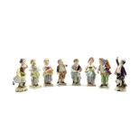 Set of five Sitzendorf figures representing months, H11.5cm together with two matching figures