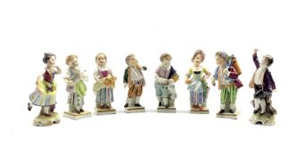 Set of five Sitzendorf figures representing months, H11.5cm together with two matching figures