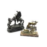 Spelter Marly horse group H27cm, Spelter 'Stag' table lighter on a marble base L14cm and a brass bu