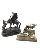 Spelter Marly horse group H27cm, Spelter 'Stag' table lighter on a marble base L14cm and a brass bu