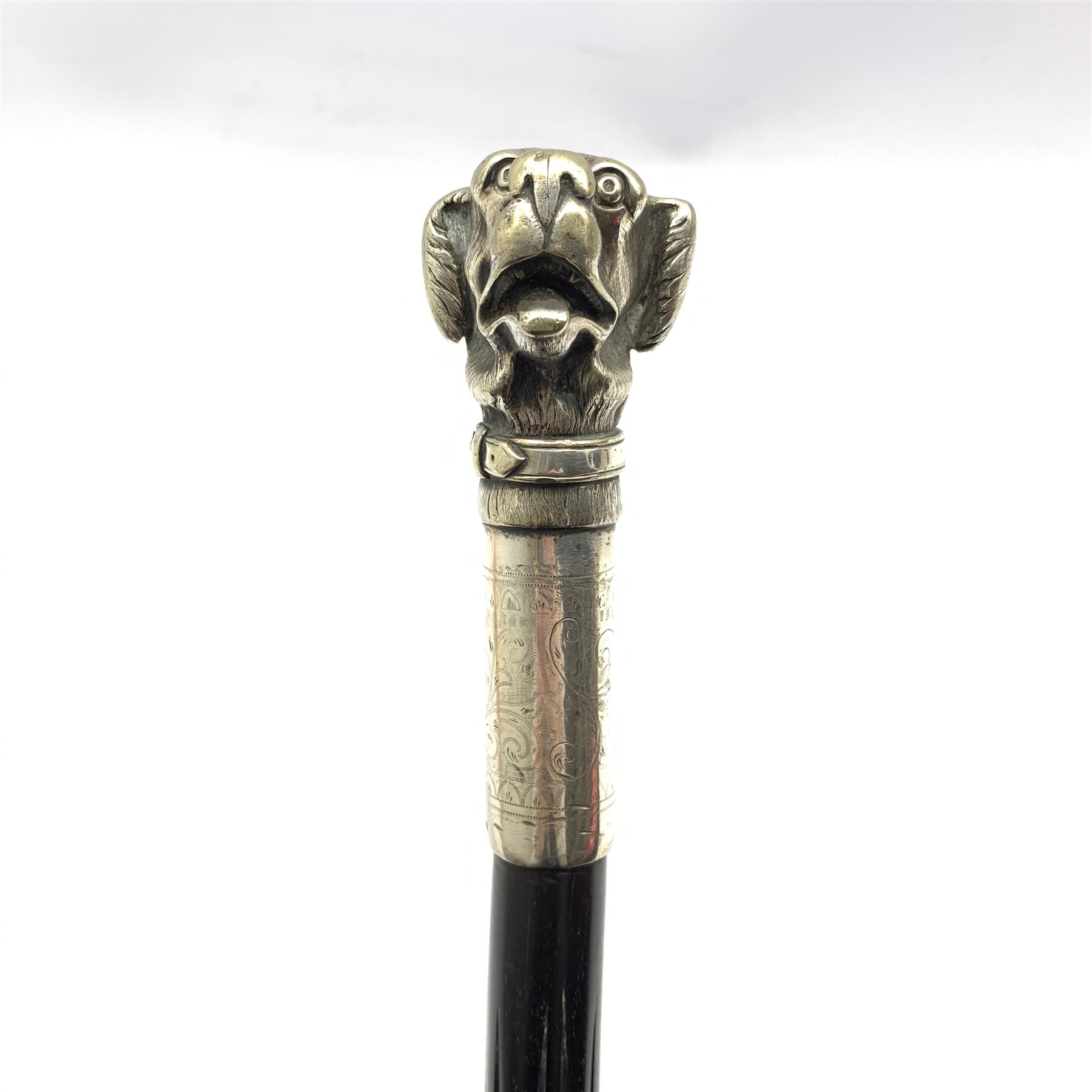 Early 20th century carved ebonised walking cane with silver-plated handle cast as dogs head, L81cm - Image 5 of 5