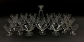 St Louis suite of table glass, conical design with etched foliate decoration, comprising decanter, t