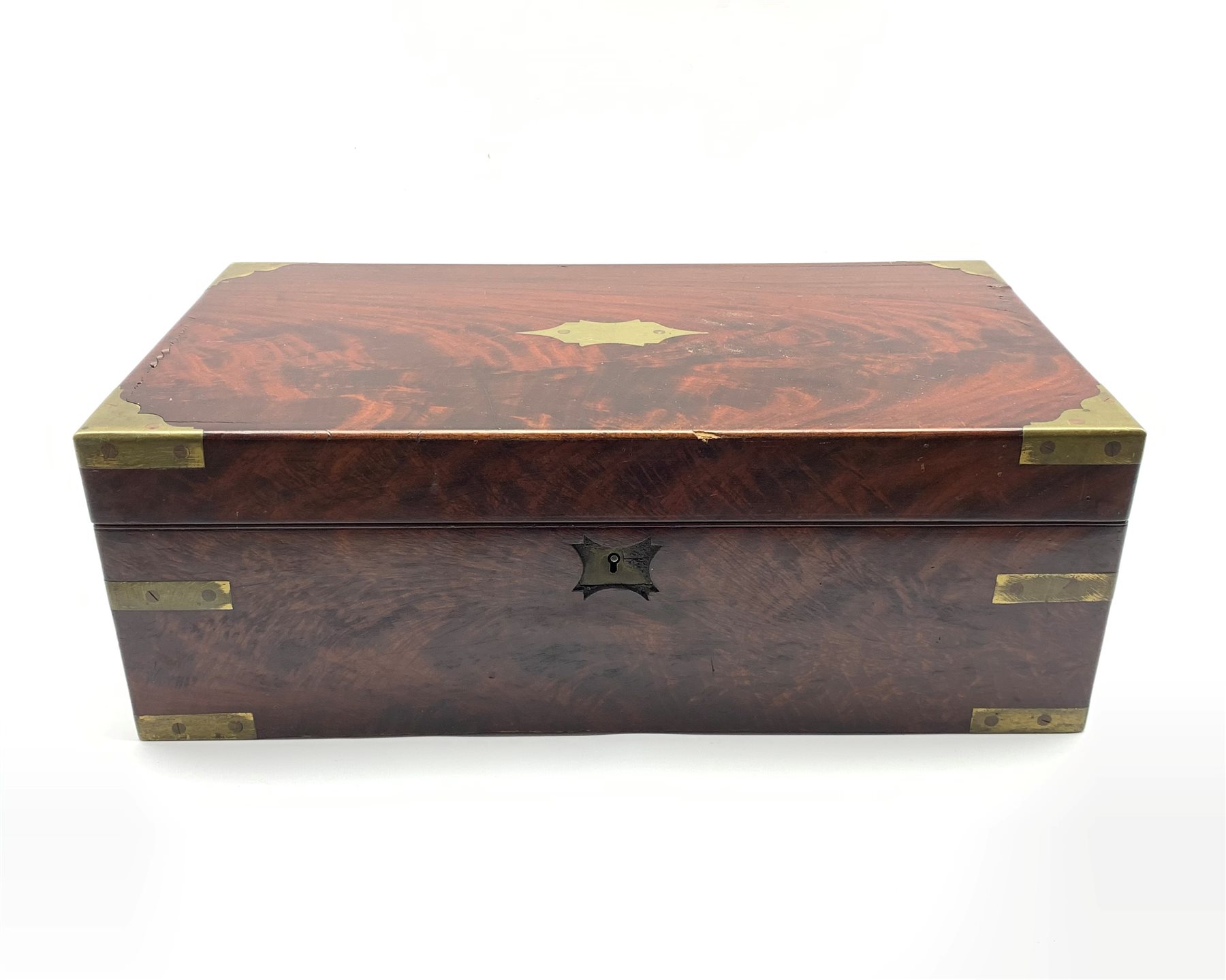 19th century figured mahogany brass mounted campaign writing slope with leather writing surface, twi