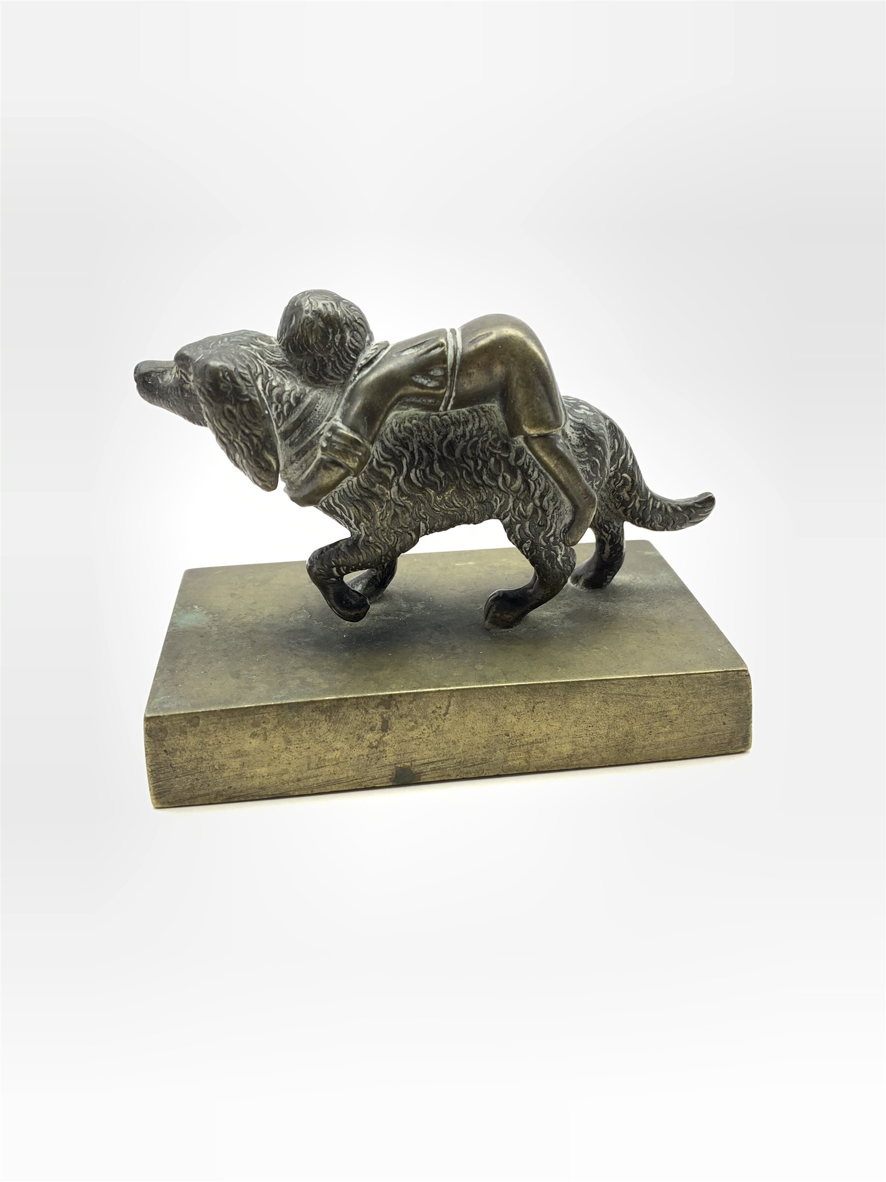 19th/ early 20th century patinated bronze sculpture of a girl and dog on rectangular base, L9.5cm - Image 2 of 3