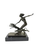 Art Deco style bronze figure modelled as a nude female with three dogs, after 'Lorenzl', H23cm overa